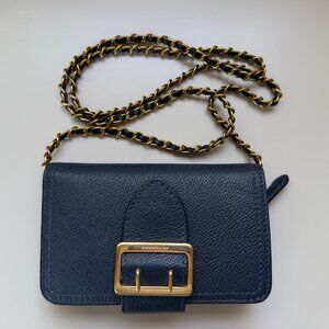 Burberry Navy Blue Leather Buckle Compact Wallet Gold Hardware Auth